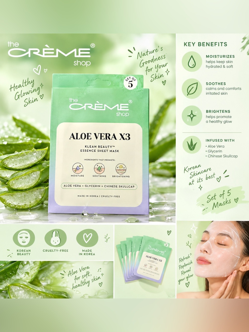 The Crème Shop Aloe Vera X3 Essence Sheet Mask — Set of 5